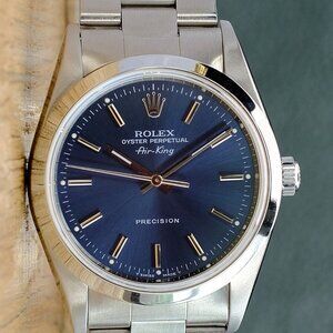 ROLEX AIRKING UNISEX BLUE INDEX DIAL SMOOTH/DOMED STEEL OYSTER WATCH 34 MM 14000